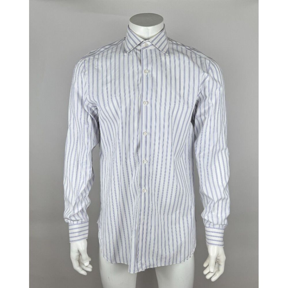 ISAIA NAPOLI Long Sleeve Dress‎ Shirt Mens 16 Flaw* Cotton White Purple Stripe
